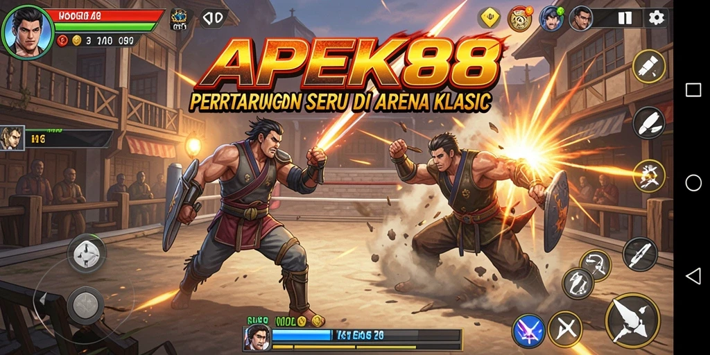 Screenshot APEK88 menampilkan karakter bertarung di arena yang epik.