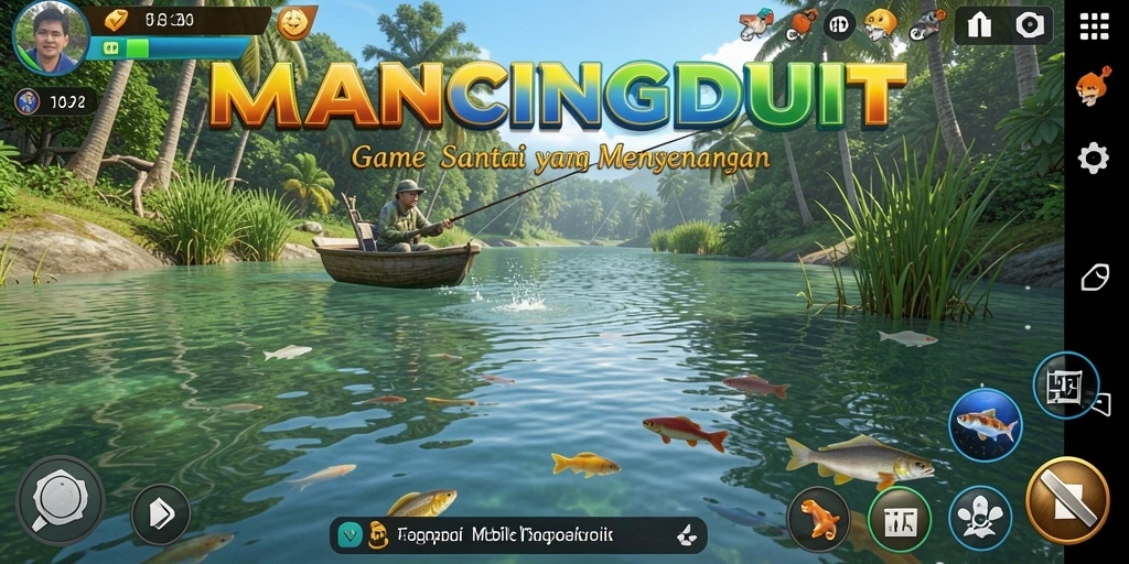 Screenshot menunjukkan gameplay seru MANCINGDUIT dengan pemandangan indah saat memancing.