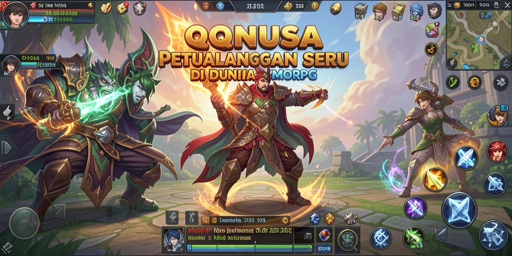 Screenshot QQNUSA menampilkan pertarungan epik dalam dunia MMORPG.