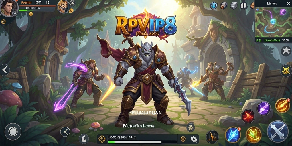 Screenshot menunjukkan pertempuran seru dalam RPVIP8 dengan karakter dan monster menarik.