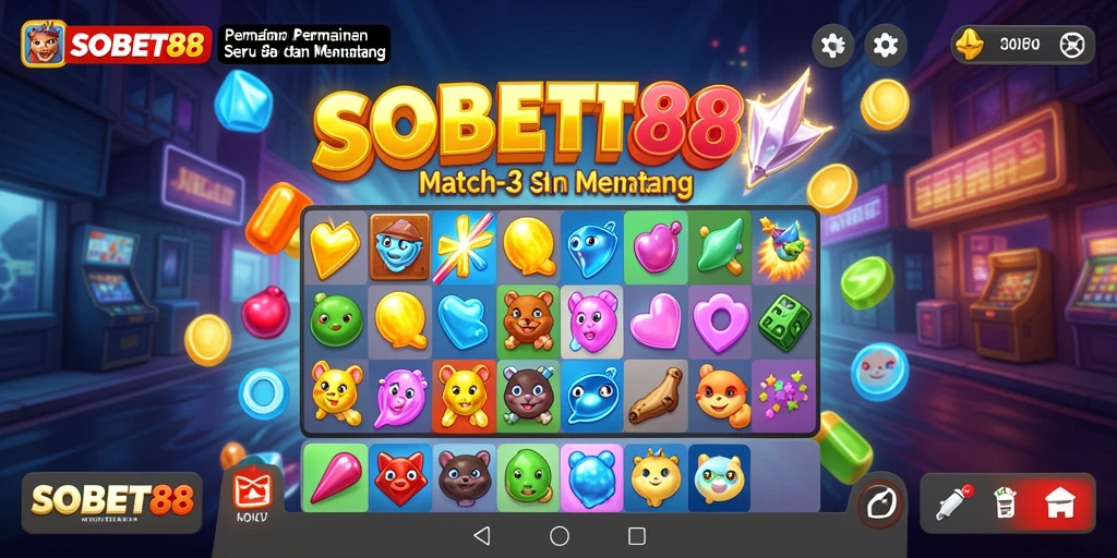 Screenshot utama SOBET88 menampilkan gameplay Match-3 yang seru.