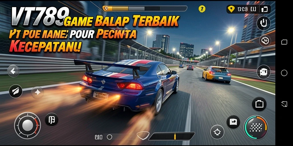 Screenshot utama VT789 menampilkan aksi balapan seru di trek yang menantang.